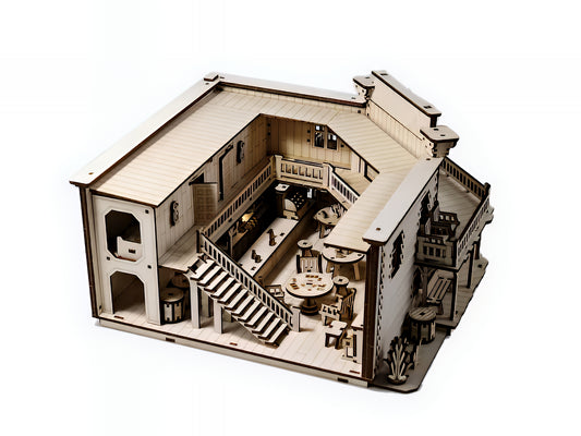 DIY Wild West Saloon Model Kit – Two-Story Laser-Cut Salon with Interior Furniture